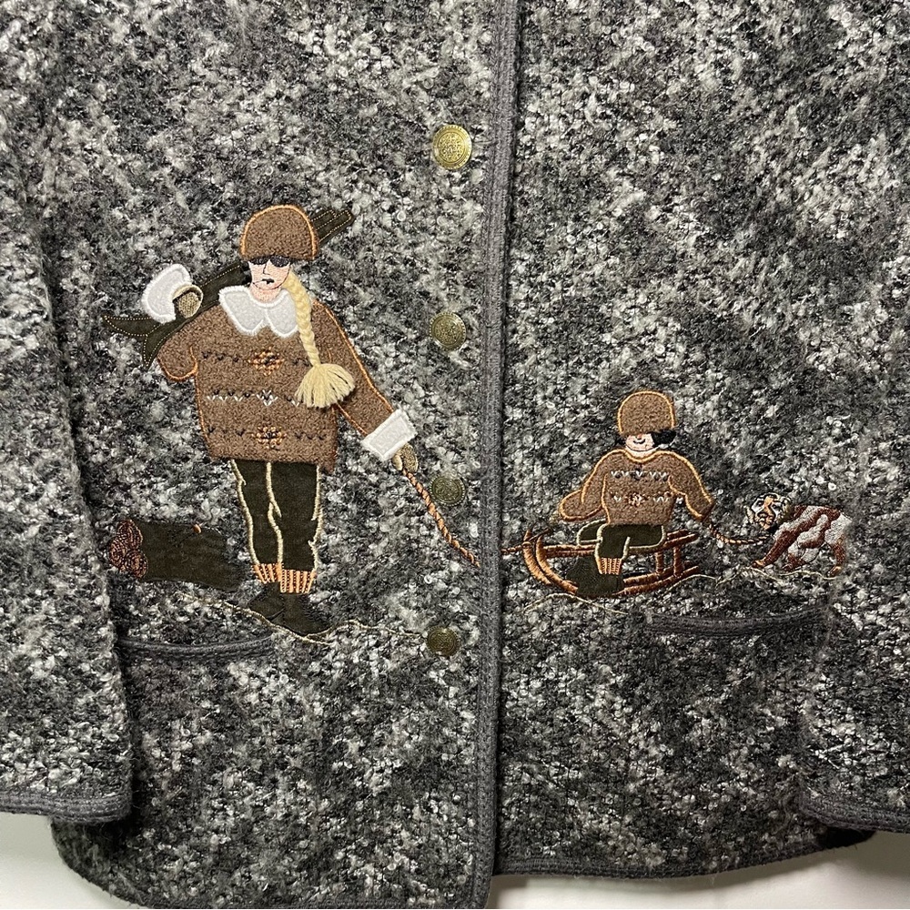 Moffi Vintage Grey Wool Blend Winter Native Scene Embroidered Button Jacket L - Picture 5 of 12